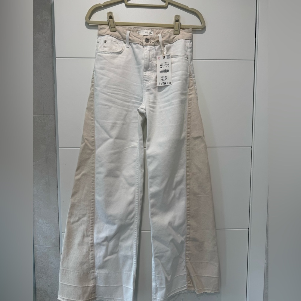 Zara White and Tan Flare Jeans